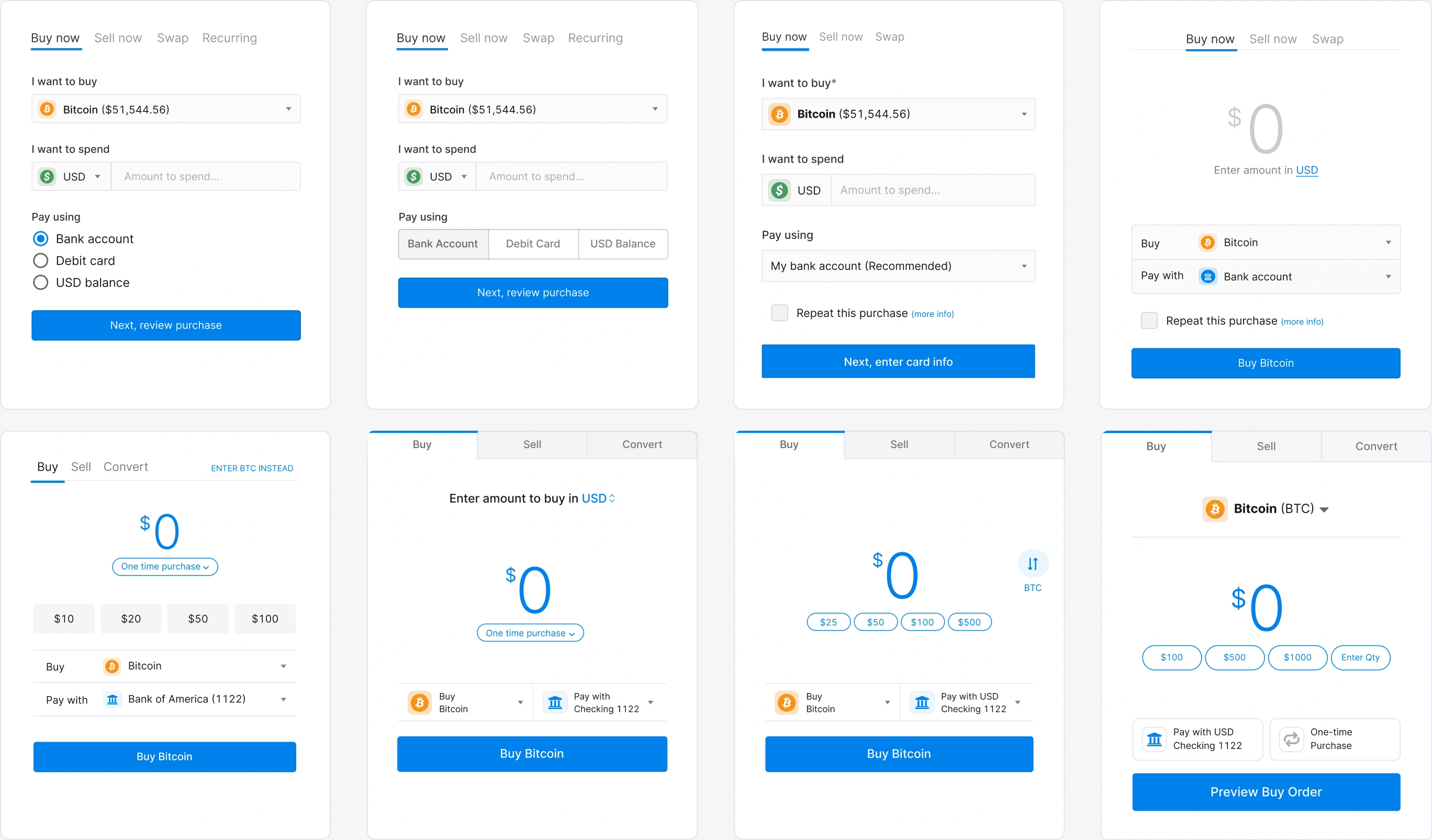 Screenshot of 8 design iterations of the instant purchase widget design.