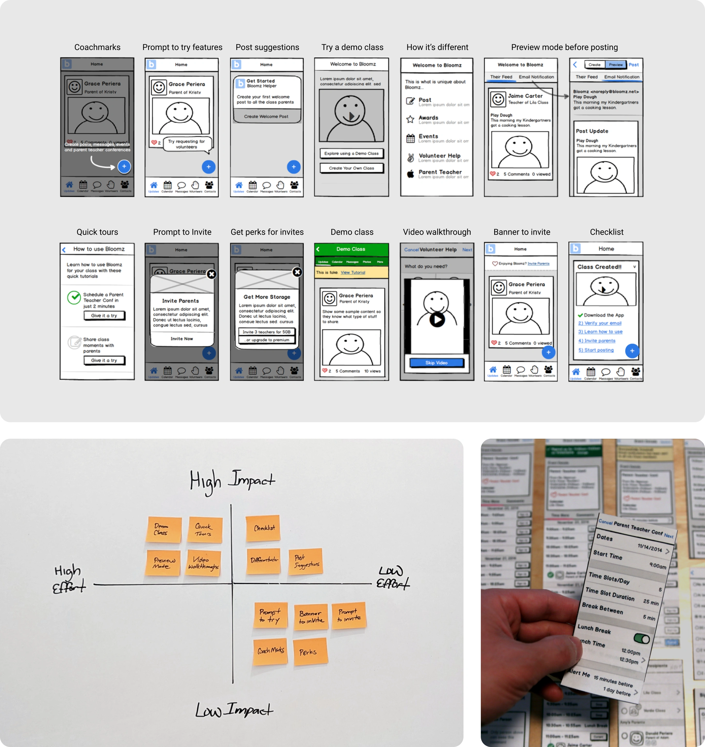 14 wireframes showing all the different ideas from the design workshop. An impact to effort mapping of all the ideas.  Paper prototypes for one of the ideas.